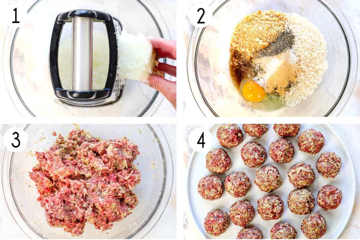 a collage showing how to make Porcupine Meatballs by grating the onion into a bowl, adding the Ritz crackers, egg, spices, Worcestershire sauce and mixing, then mixing in the ground beef, then rolling into 2-tablespoon balls