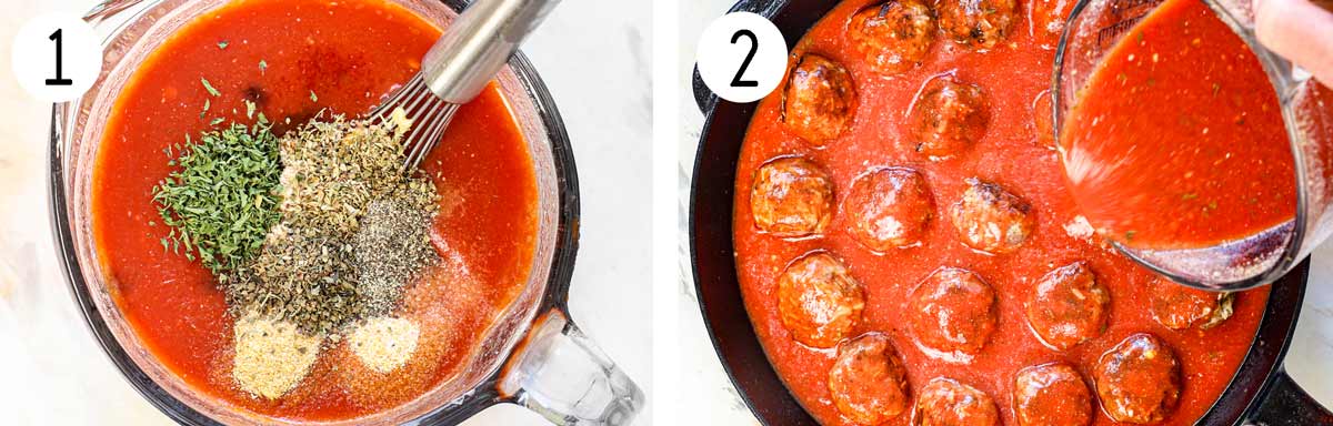 a collage showing how to make porcupine meatballs by whisking the sauce ingredients together in a liquid measuring cup, then pouring it over the seared meatballs in a skillet to bake