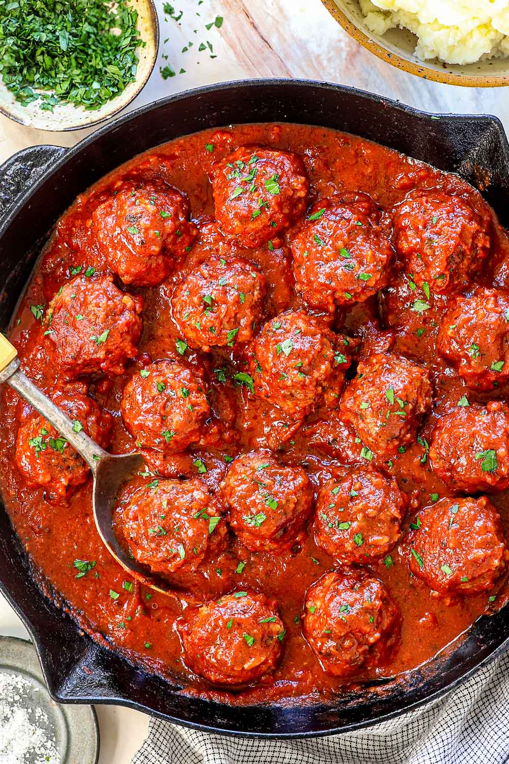 best porcupine meatballs in a skillet with rich tomato based sauce