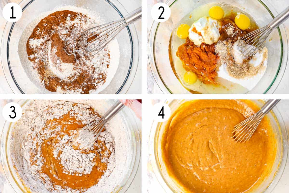 a collage showing how to make pumpkin cake by mixing the dry ingredients together, then mixing the wet ingredients together, then mixing them together in a bowl