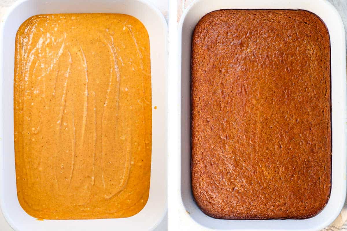 a collage showing how to make pumpkin cake by adding the batter to a 9x13 pan, then baking until browned and cooked through