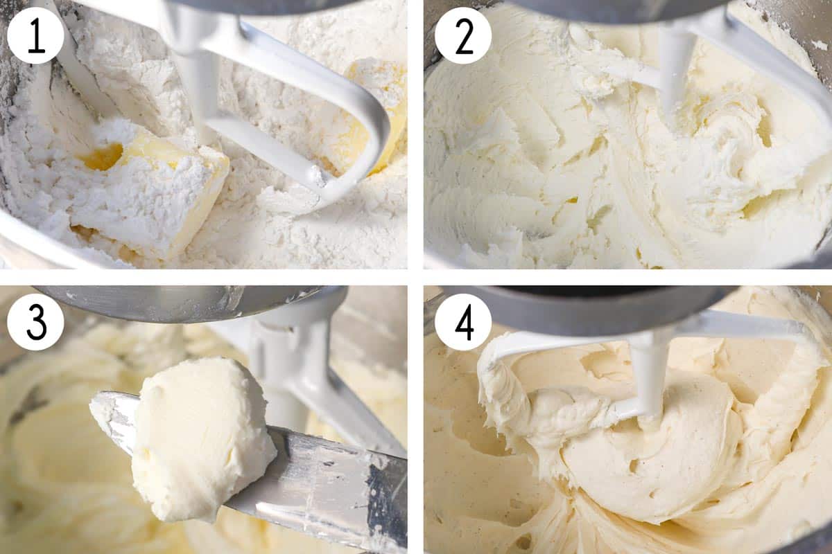a collage showing how to make pumpkin cake by making the cream cheese frosting by beating the butter and powdered sugar together, beating in the cream cheese, then the vanilla, cinnamon, and salt