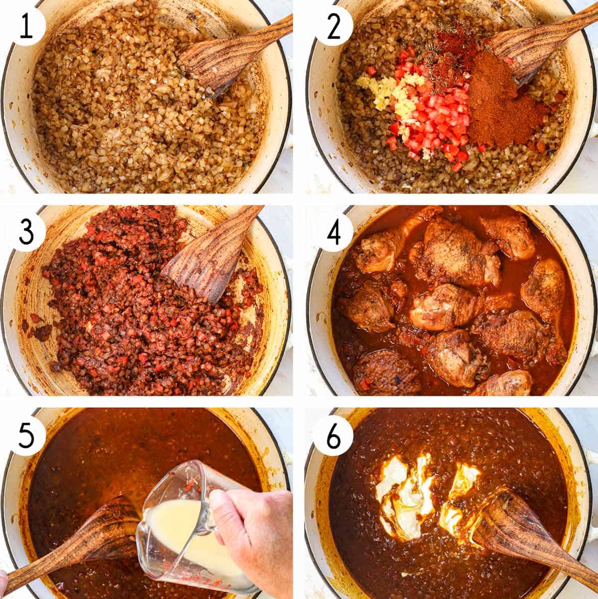 a collage showing how to make chicken paprikash by 1: sauteing the onions, 2: adding the tomatoes, garlic and spices and cooking, 3: adding chicken broth, 4: adding chicken and simmering, 5: adding a cornstarch slurry, 6: stirring in sour cream