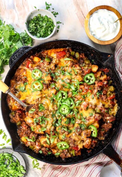 ground beef and potatoes in a skillet
