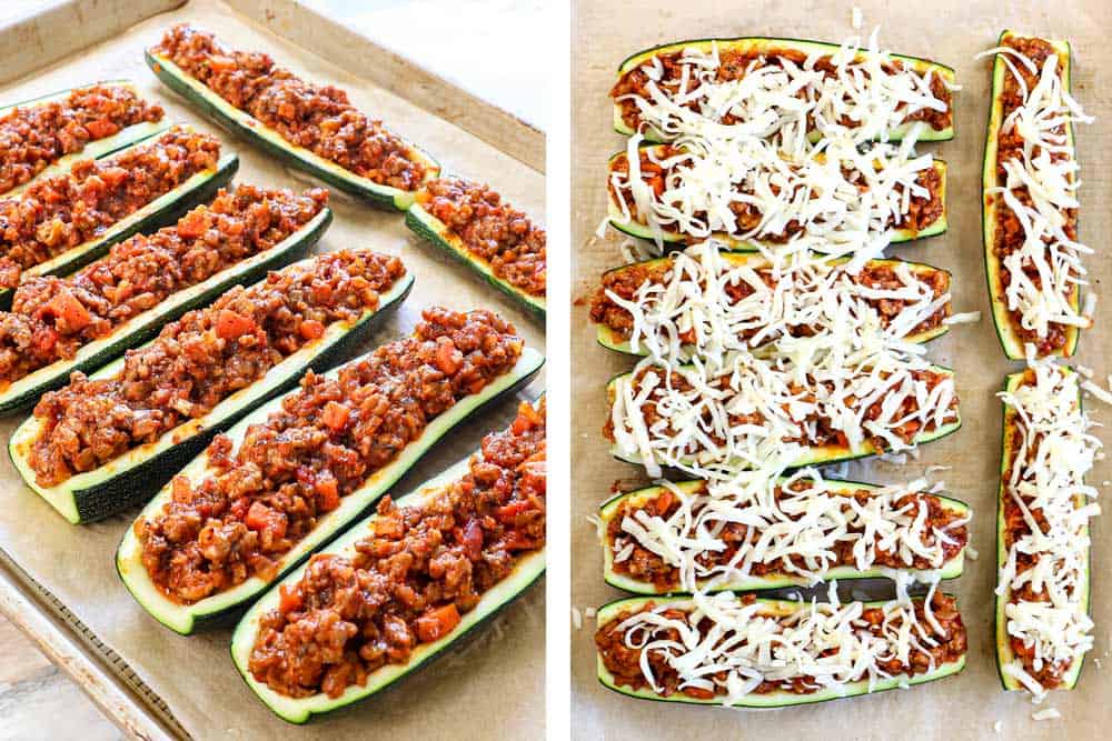 showing how to make stuffed zucchini boats by stuffing the zucchini with the sausage filling, then topping with mozzarella