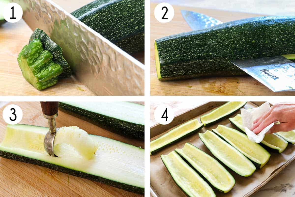 a collage showing how ot make zucchini boats by slicing the ends off of the zucchini, slicing the zucchini in half lengthwise, scooping out the filling leaving a shell, salting, then blotting off excess moisture