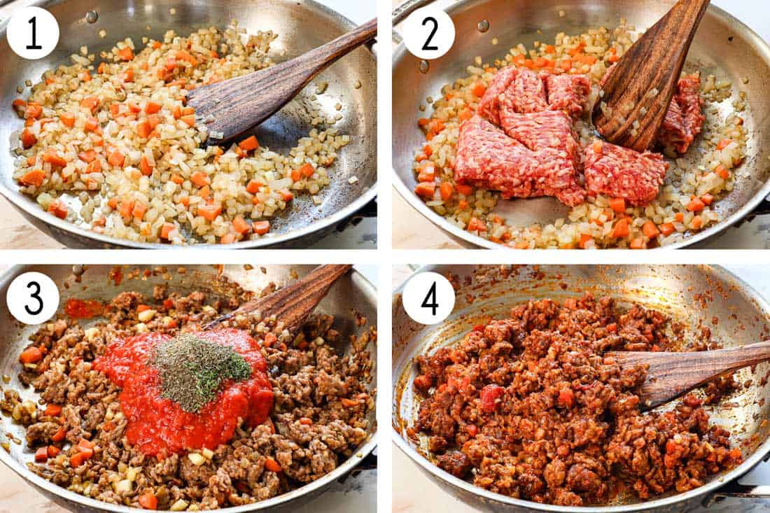 a collage showing how to make zucchini boats by sauteing carrots and onions, then adding the Italian sausage to brown, then adding chopped zucchini, garlic, marinara, and spices
