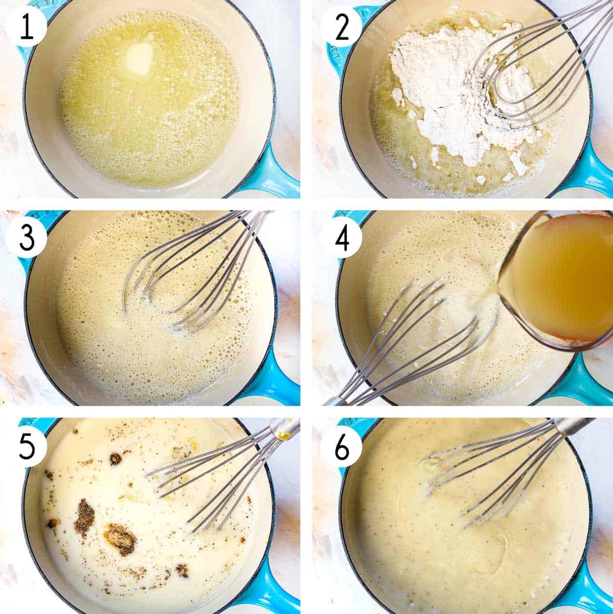 a collage showing how to make cream of chicken soup from scratch by 1: melting the butter with the olive oil, 2: whisking in the flour, 3: cooking the flour for 3 minutes while whisking, 4: whisking in the chicken broth and milk, 5: whisking in the spices, 6: simmering until thickened