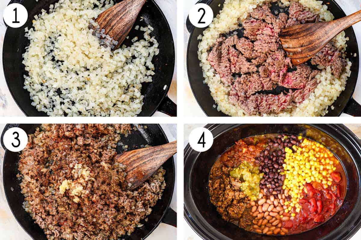 a collage showing how to make taco soup by sautéing the onions, browning the beef, adding the homemade taco seasoning and garlic, then adding it to the crockpot along with the rest of the ingredients to cook