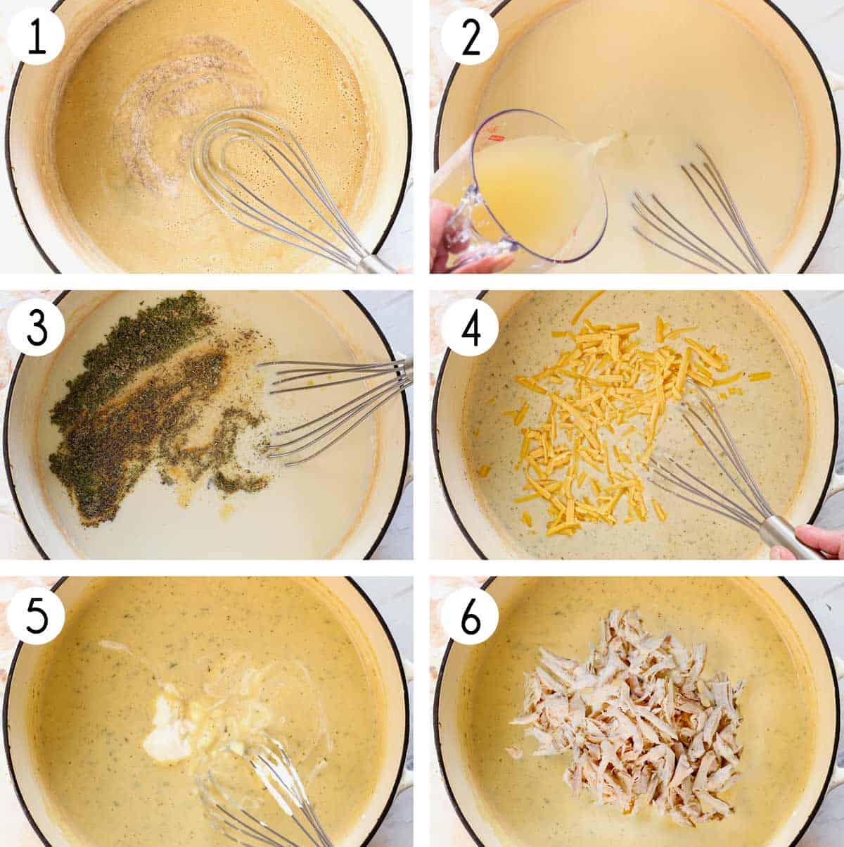 a collage showing how to make Hawaiian haystacks by 1: melting the butter with the olive oil, 2: whisking in the flour, 3: cooking the flour for 3 minutes while whisking, 4: whisking in the chicken broth and milk, 5: whisking in the spices, 6: simmering until thickened, 7: stirring in cheese, sour cream, and chicken