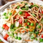 up close of Hawaiian Haystacks with homemade chicken gravy over rice with lots of toppings
