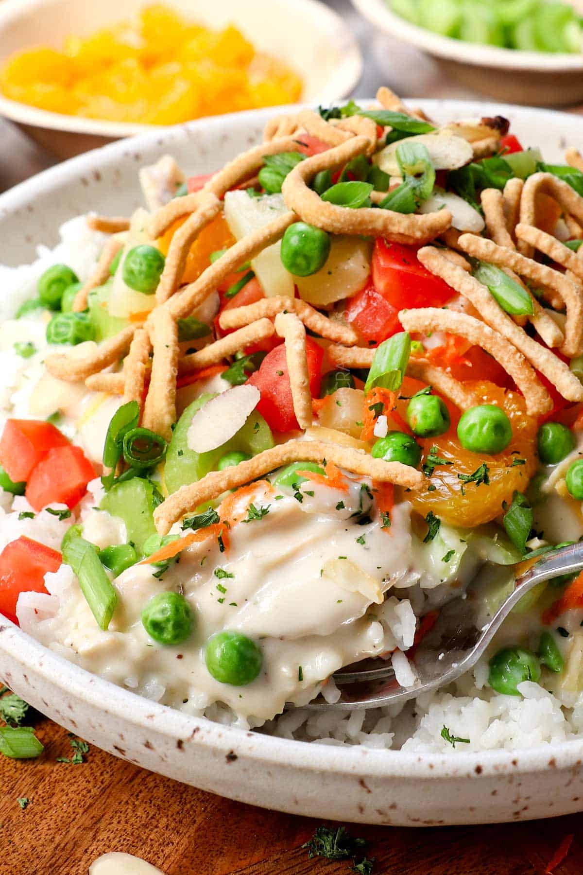 a spoonful of Hawaiian Haystacks with rice, gravy and toppings