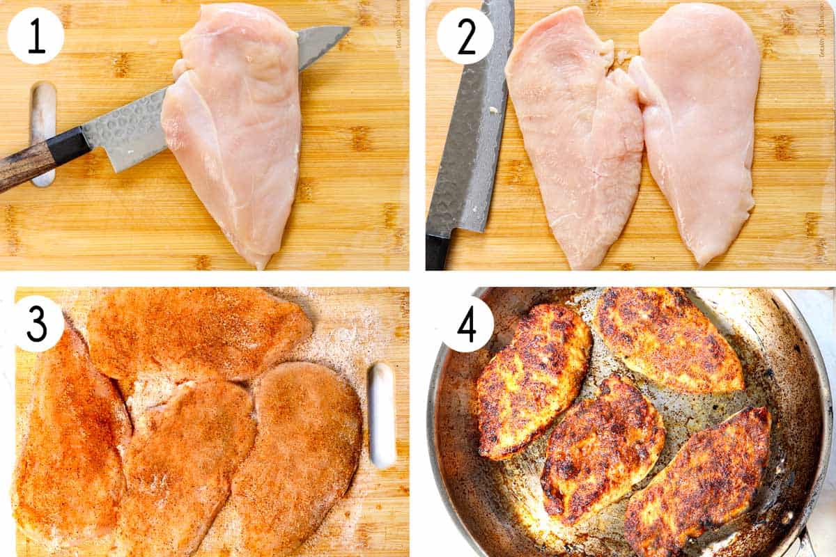 a collage showing how to make Lemon Chicken by slicing the chicken breast in half to create two fillets, pounding to tenderize, seasoning with spices, then cooking in a skillet