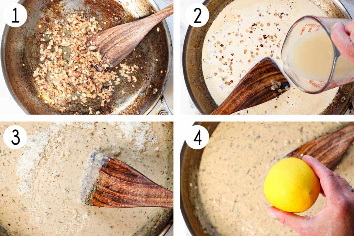 a collage showing how to make lemon chicken by sautéing the shallots and garlic, adding the chicken broth, heavy cream and spices, stirring in the Parmesan and then the lemon juice