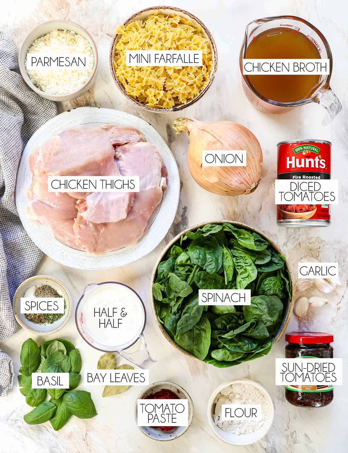 Top view of Marry Me Chicken Soup ingredients: chicken, sun-dried tomatoes, spinach, onions, garlic, pasta, diced tomatoes, half and half, chicken broth, basil, oregano, parsley, salt, pepper