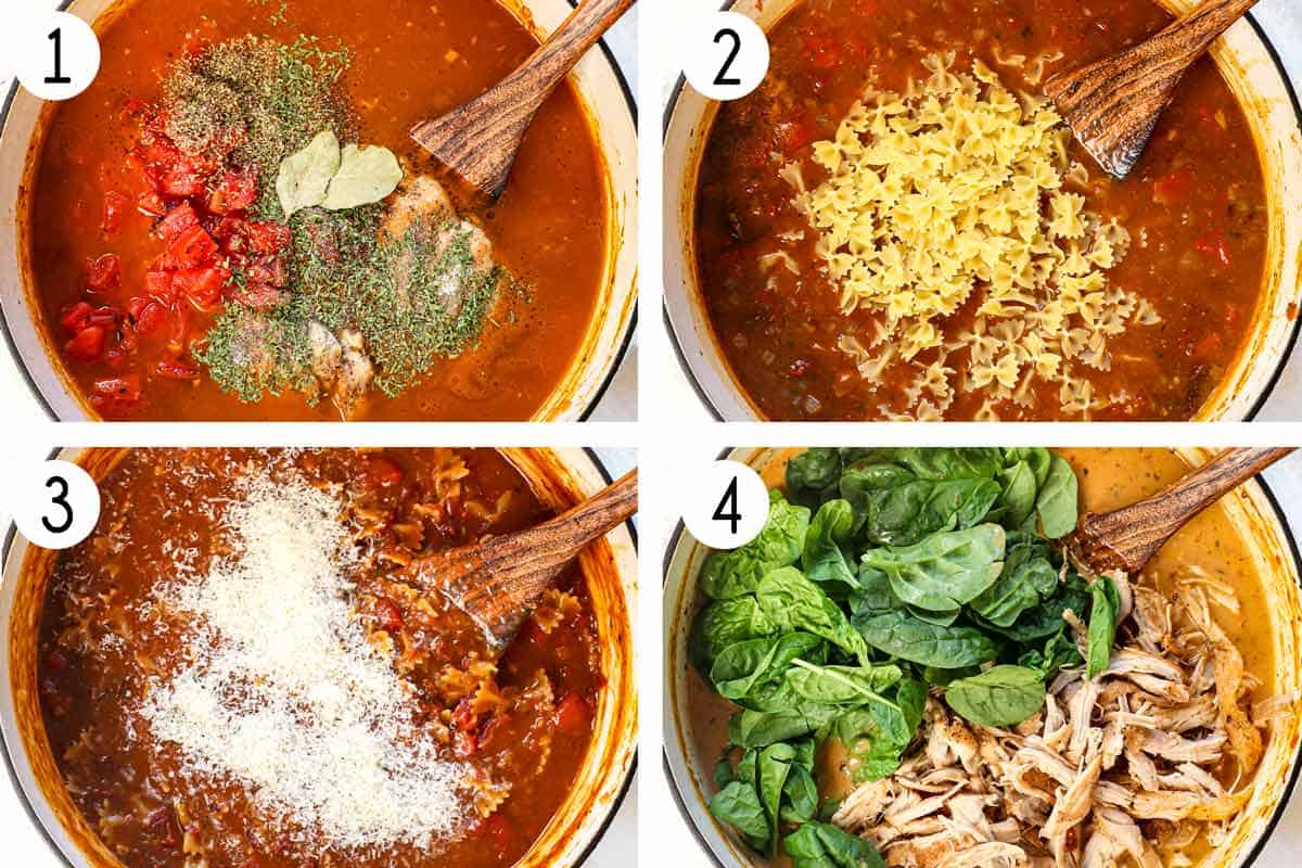a collage showing how to make Marry Me Chicken Soup by: 1) adding chicken broth, diced tomatoes, bay leaves, and spices and simmering. 2) adding the pasta and simmering, 3) adding the Parmesan cheese and melting, 4) adding the half and half, spinach, and shredded chicken
