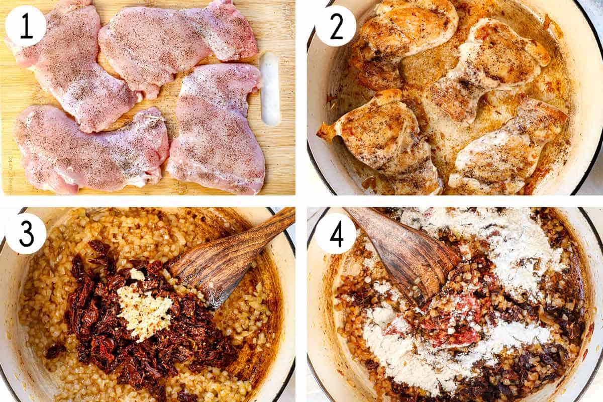 a collage showing how to make Marry Me Chicken Soup by: 1) seasoning chicken thighs with salt and pepper on a cutting board, 2) searing until golden, 3) sautéing the onions, 4) adding the sun-dried tomatoes, garlic, and red pepper flakes and cooking, then adding tomato paste and sprinkling in the flour to make a roux