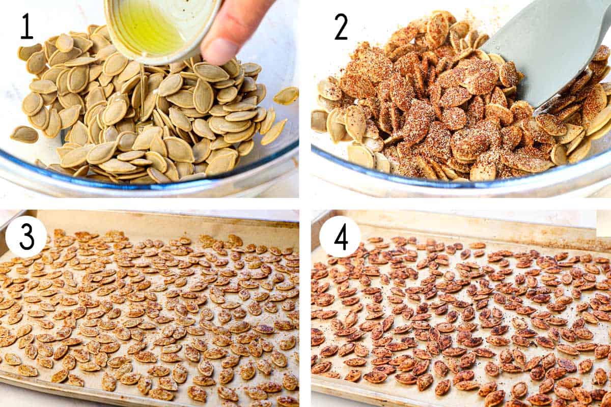 a collage showing how to roast pumpkin seeds by drizzling with olive oil in a bowl, then tossing with spices, then laying in a single layer on a parchment paper-lined baking sheet, then baking until golden and crispy