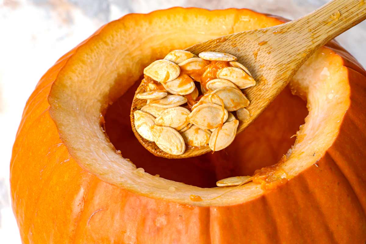 showing how to make roasted pumpkin seeds by removing the seeds from the pumpkin