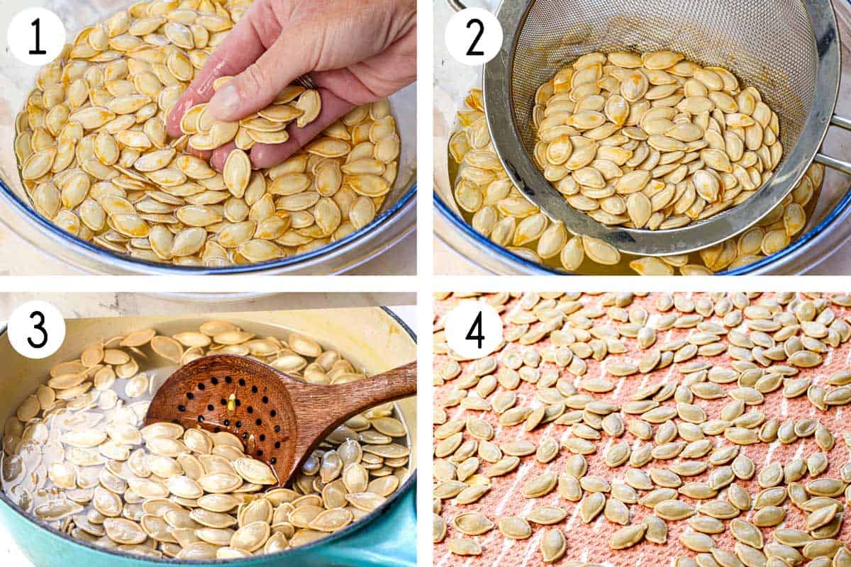 a collage showing how to roast pumpkin seeds by rinsing the pumpkin seeds in a bowl of water, removing with a fine mesh strainer, simmering in a saucepan with salt, then laying out on a towel to dry