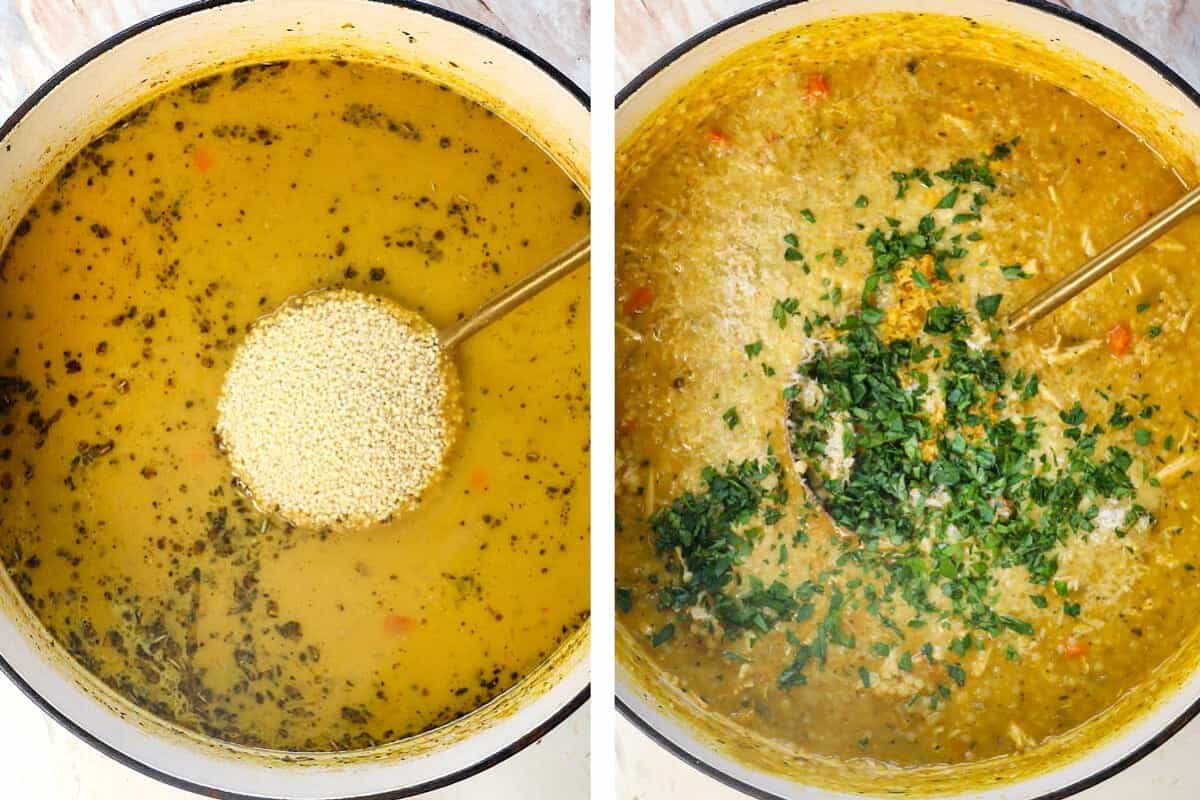 showing how to make penicillin soup (pastina soup) by stirring in the pastina, followed by the shredded chicken, Parmesan, lemon, lemon zest, and parsley