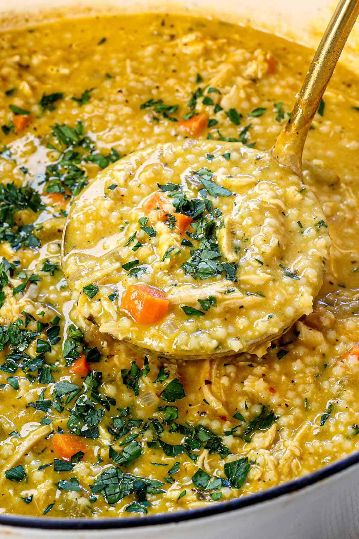 showing how to make Penicillin Soup (pastina soup) by garnishing with fresh parsley and Parmesan, then scooping up a ladleful of soup to show the al dente pastina texture