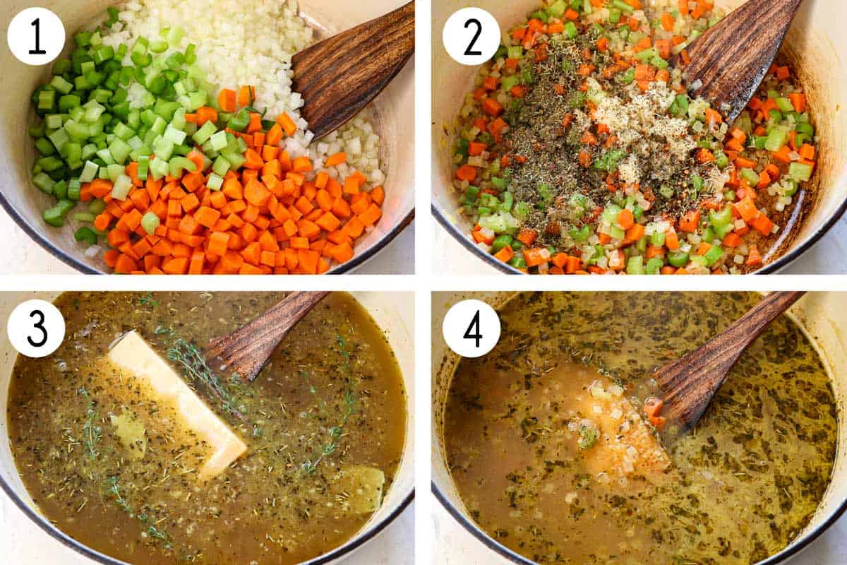 Showing how to make penicillin soup (pastina soup) by sweating onions, carrots, and celery, then adding the garric and spices and blooming, then adding the chicken broth, Parmesan rind, bay leaves, thyme, and simmering