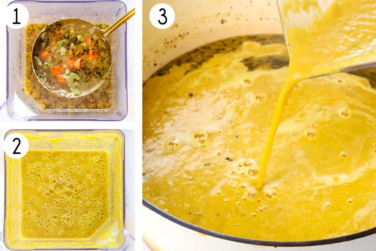 showing how to make penicillin soup (pastina soup) by blending part of the vegetables broth, then stirring it into the soup